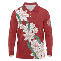 Ia Orana Tahiti Tiare Long Sleeve Polo Shirt Crimson Lei - Polynesian Pride