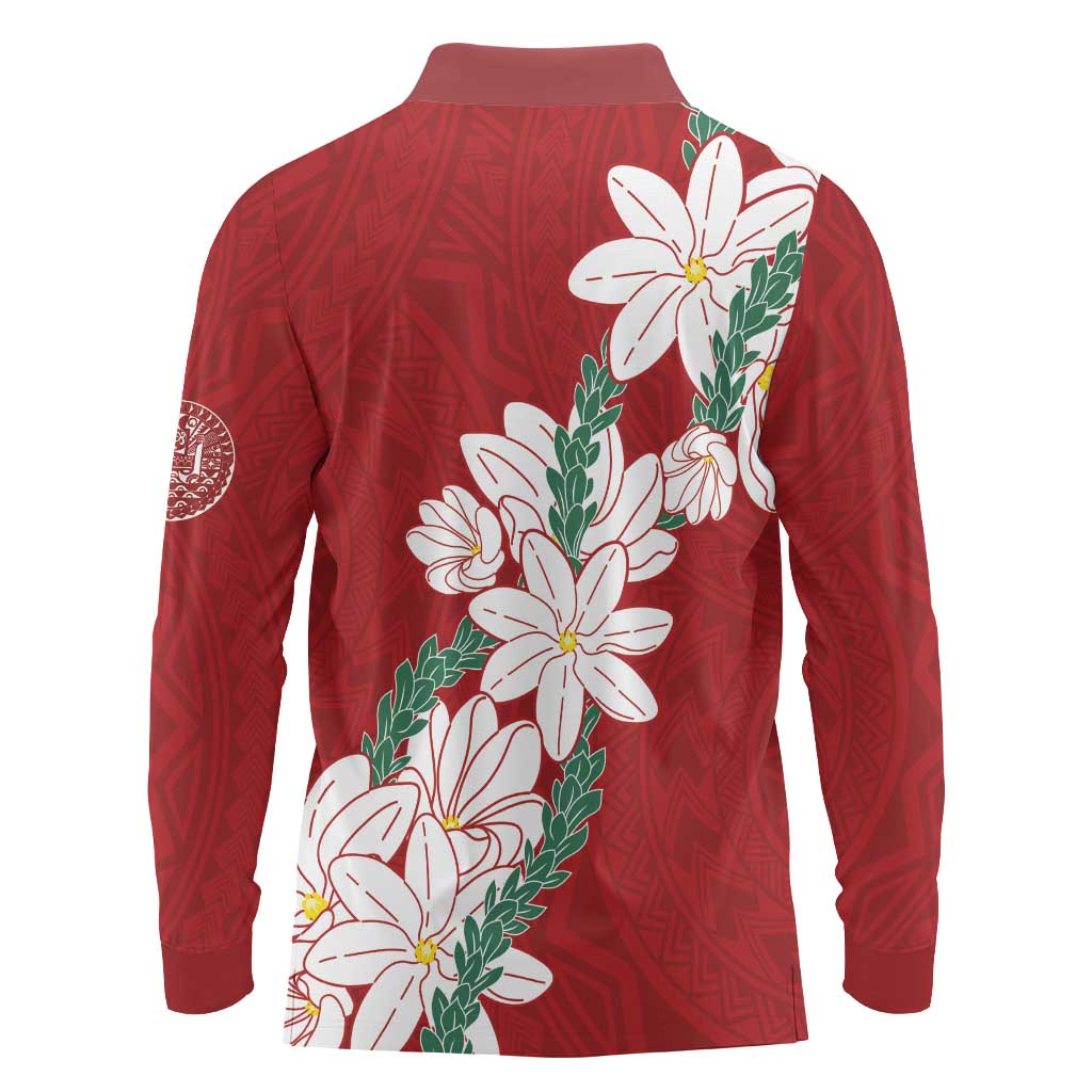 Ia Orana Tahiti Tiare Long Sleeve Polo Shirt Crimson Lei - Polynesian Pride