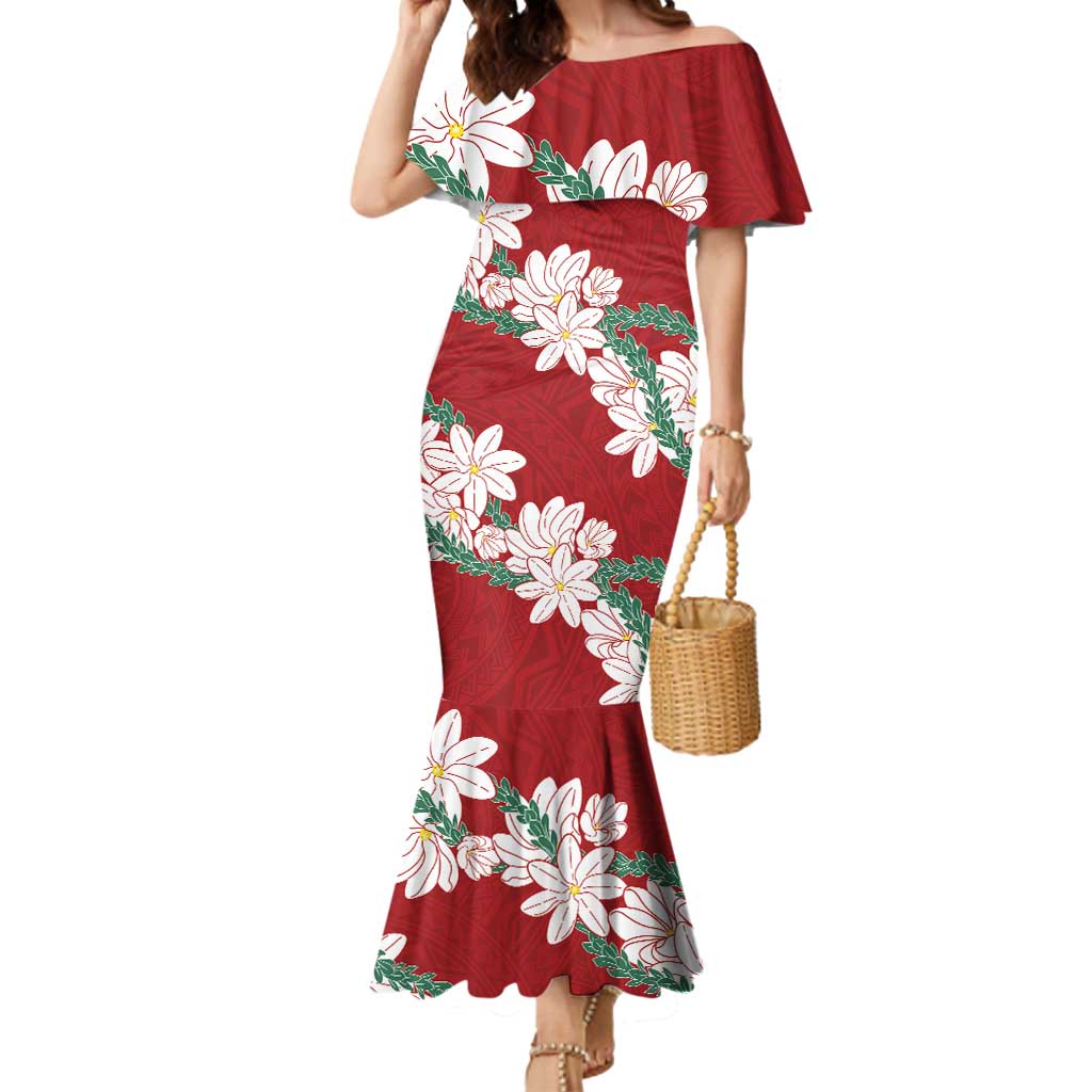 Ia Orana Tahiti Tiare Mermaid Dress Crimson Lei - Polynesian Pride