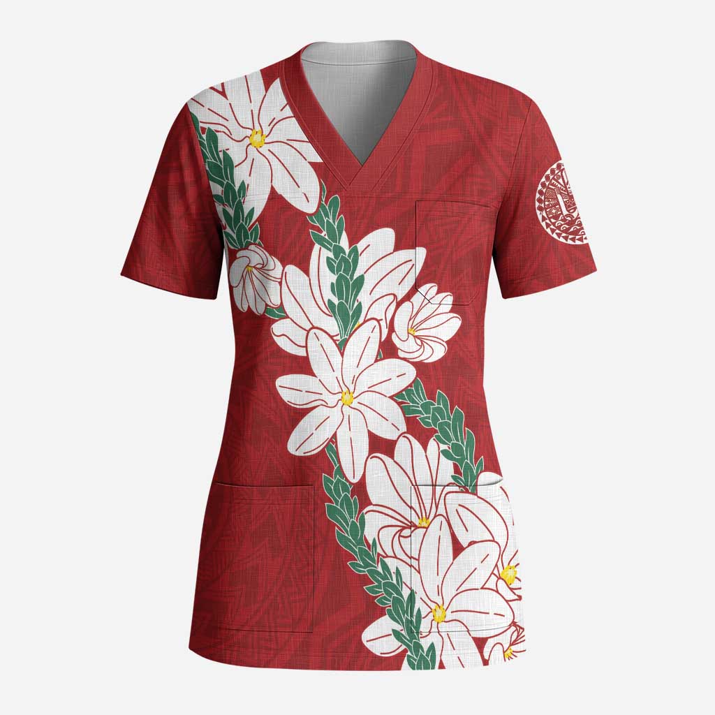 Ia Orana Tahiti Tiare Scrub Top Crimson Lei - Polynesian Pride