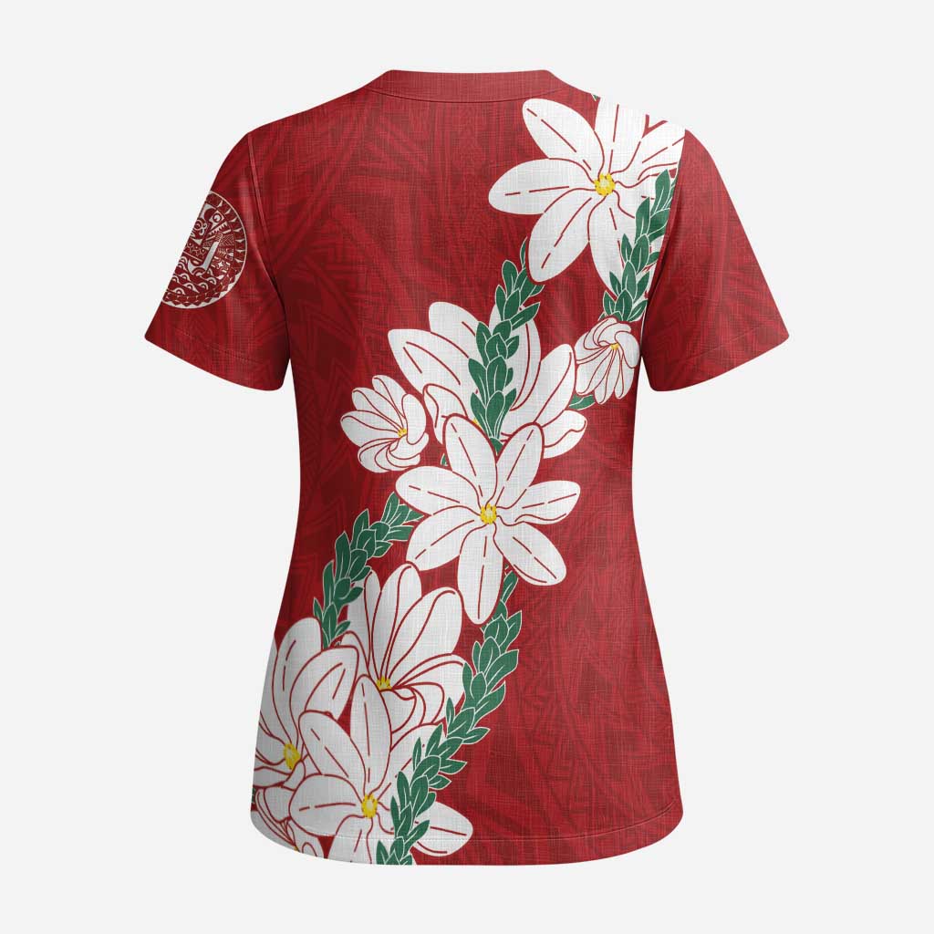 Ia Orana Tahiti Tiare Scrub Top Crimson Lei - Polynesian Pride