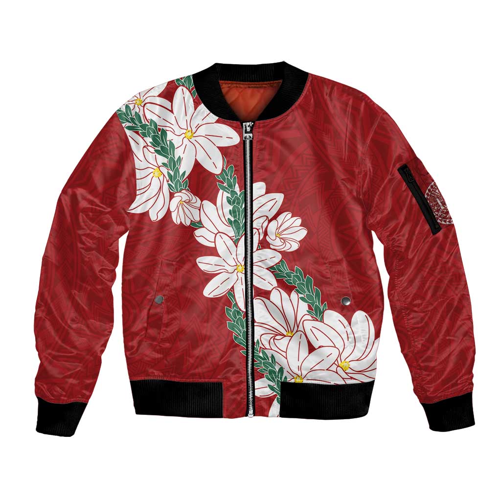 Ia Orana Tahiti Tiare Sleeve Zip Bomber Jacket Crimson Lei - Polynesian Pride