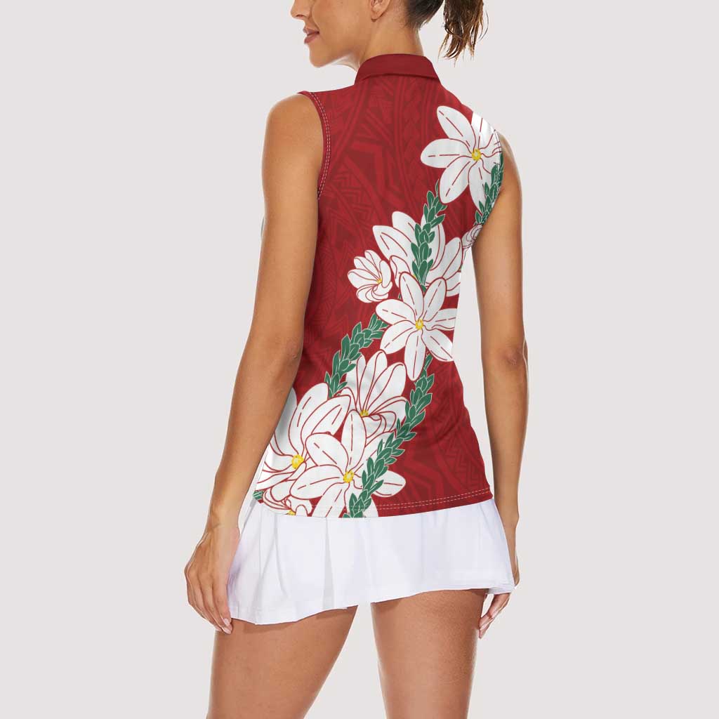 Ia Orana Tahiti Tiare Women Sleeveless Polo Shirt Crimson Lei - Polynesian Pride
