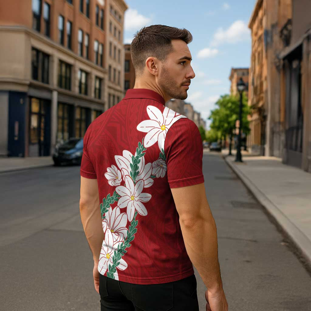 Ia Orana Tahiti Tiare Zipper Polo Shirt Crimson Lei - Polynesian Pride