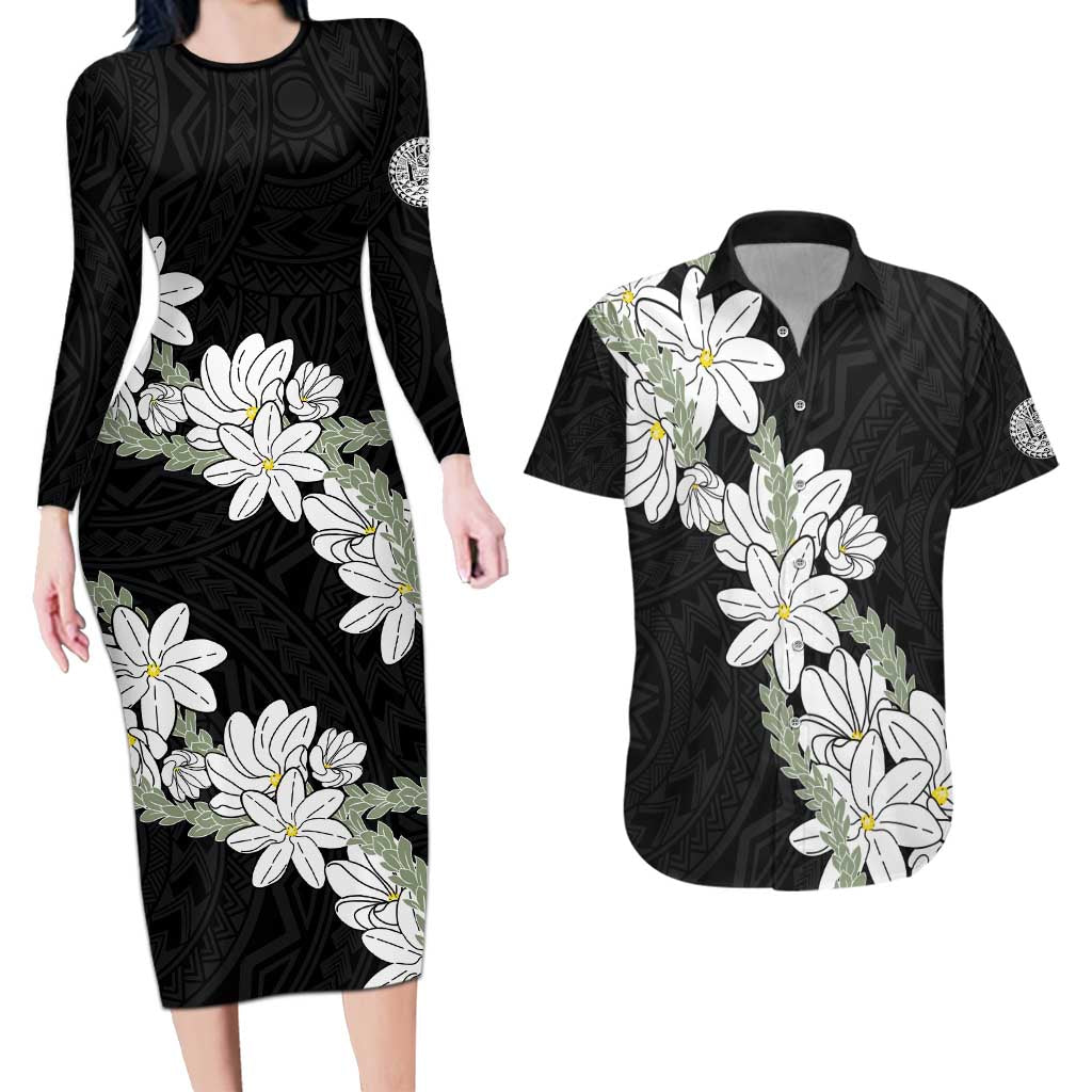 Ia Orana Tahiti Tiare Couples Matching Long Sleeve Bodycon Dress and Hawaiian Shirt Black Lei LT7 Black - Polynesian Pride