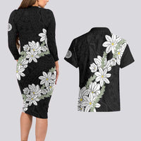 Ia Orana Tahiti Tiare Couples Matching Long Sleeve Bodycon Dress and Hawaiian Shirt Black Lei LT7 - Polynesian Pride