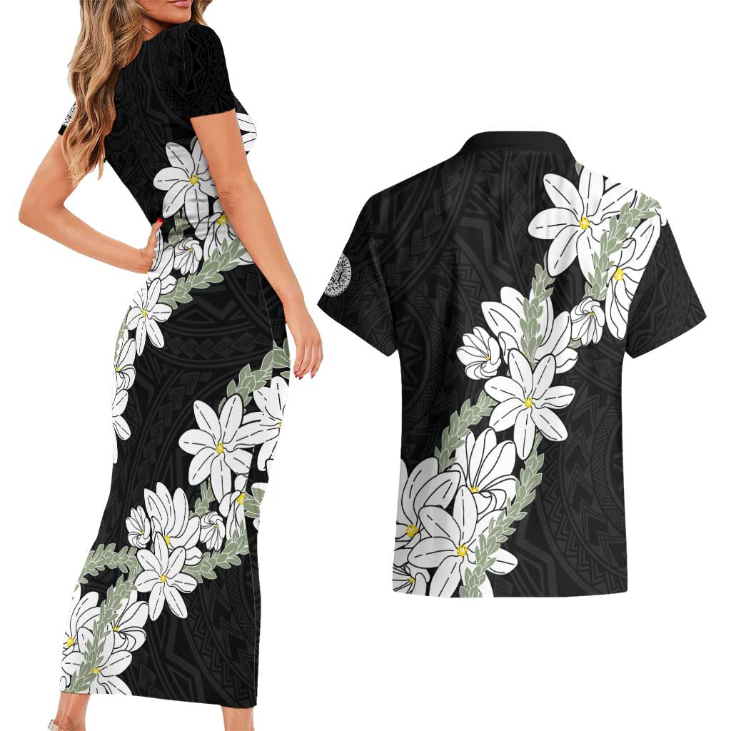 Ia Orana Tahiti Tiare Couples Matching Short Sleeve Bodycon Dress and Hawaiian Shirt Black Lei LT7 - Polynesian Pride