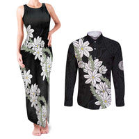 Ia Orana Tahiti Tiare Couples Matching Tank Maxi Dress and Long Sleeve Button Shirt Black Lei - Polynesian Pride