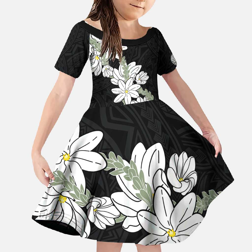 Ia Orana Tahiti Tiare Family Matching Long Sleeve Bodycon Dress and Hawaiian Shirt Black Lei - Polynesian Pride