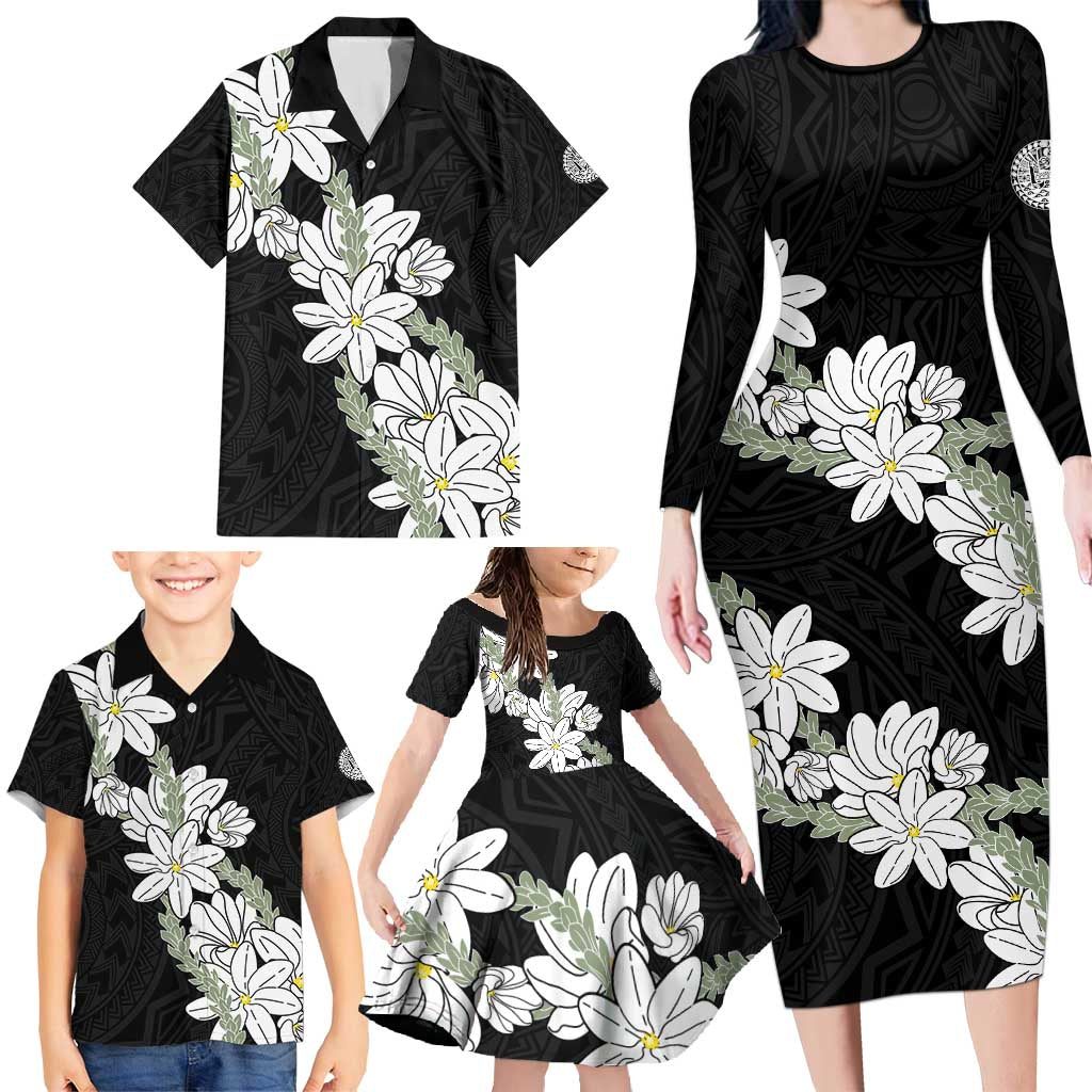 Ia Orana Tahiti Tiare Family Matching Long Sleeve Bodycon Dress and Hawaiian Shirt Black Lei - Polynesian Pride