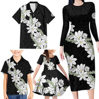 Ia Orana Tahiti Tiare Family Matching Long Sleeve Bodycon Dress and Hawaiian Shirt Black Lei - Polynesian Pride