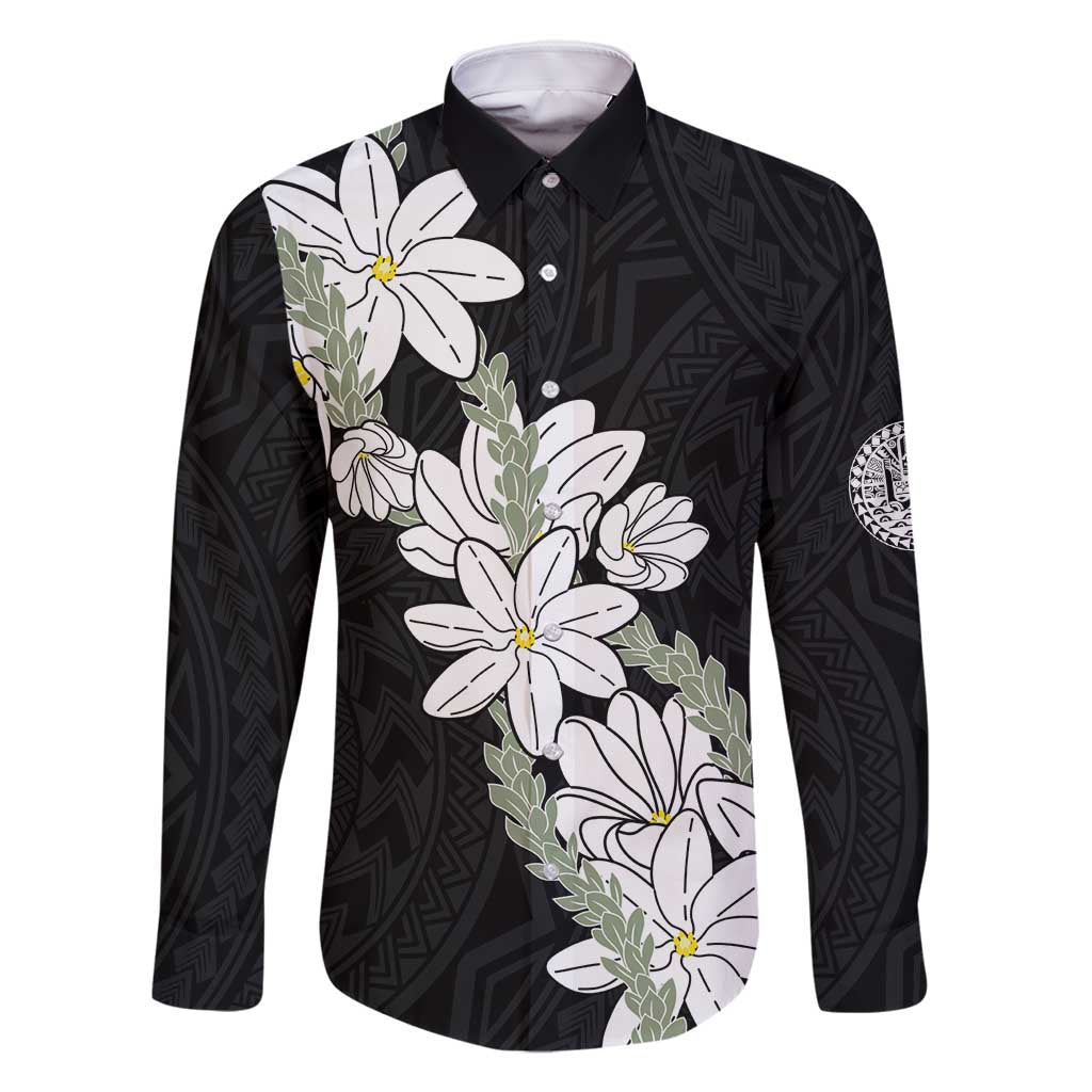 Ia Orana Tahiti Tiare Family Matching Long Sleeve Bodycon Dress and Hawaiian Shirt Black Lei - Polynesian Pride