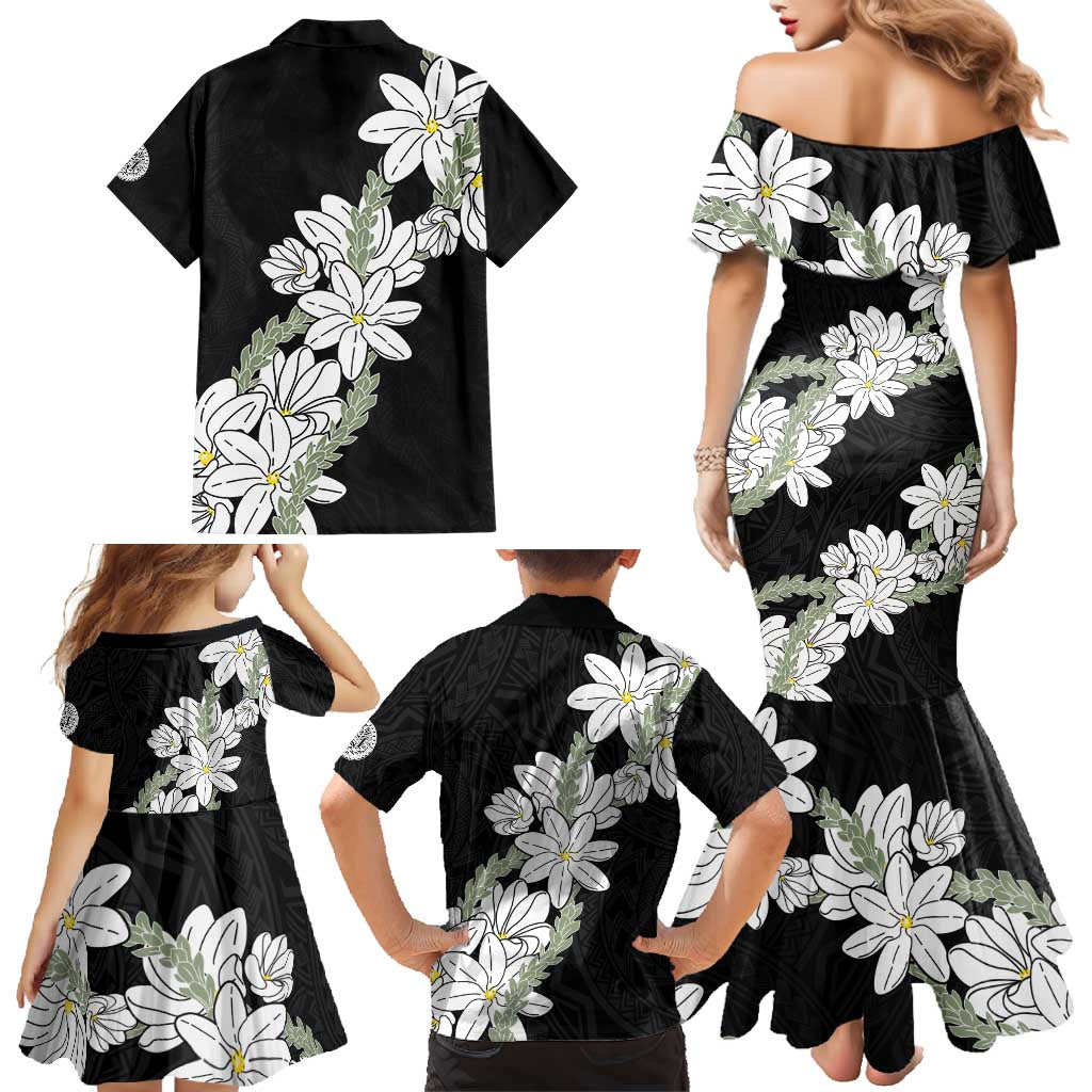 Ia Orana Tahiti Tiare Family Matching Mermaid Dress and Hawaiian Shirt Black Lei - Polynesian Pride
