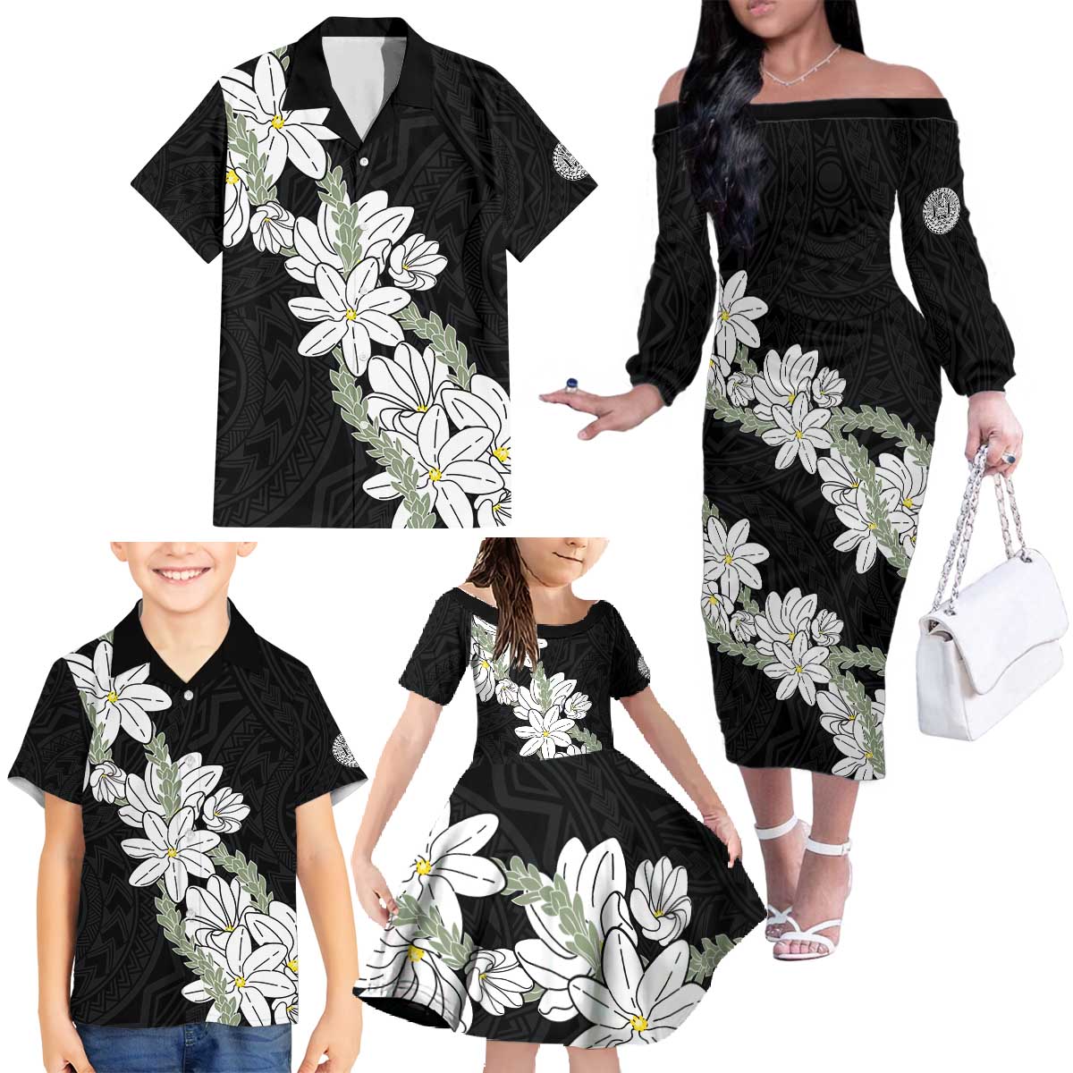 Ia Orana Tahiti Tiare Family Matching Off The Shoulder Long Sleeve Dress and Hawaiian Shirt Black Lei - Polynesian Pride