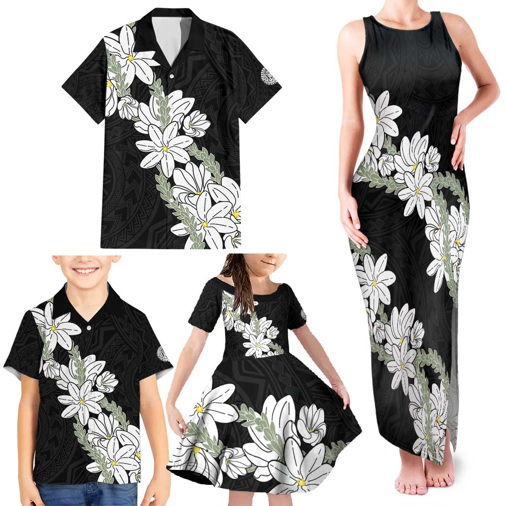 Ia Orana Tahiti Tiare Family Matching Tank Maxi Dress and Hawaiian Shirt Black Lei - Polynesian Pride