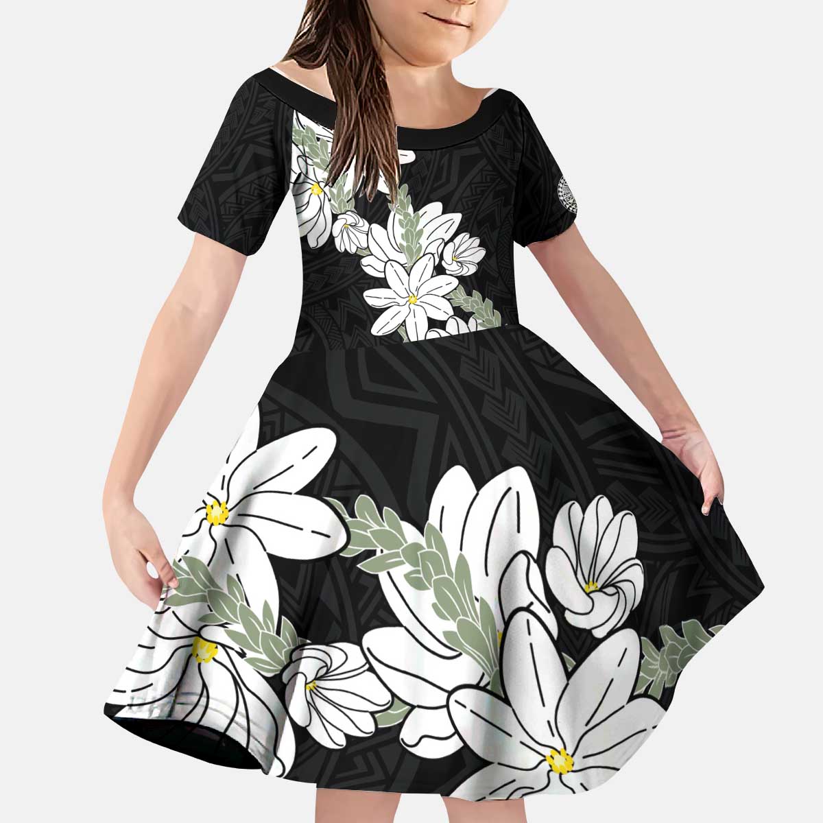Ia Orana Tahiti Tiare Kid Short Sleeve Dress Black Lei - Polynesian Pride