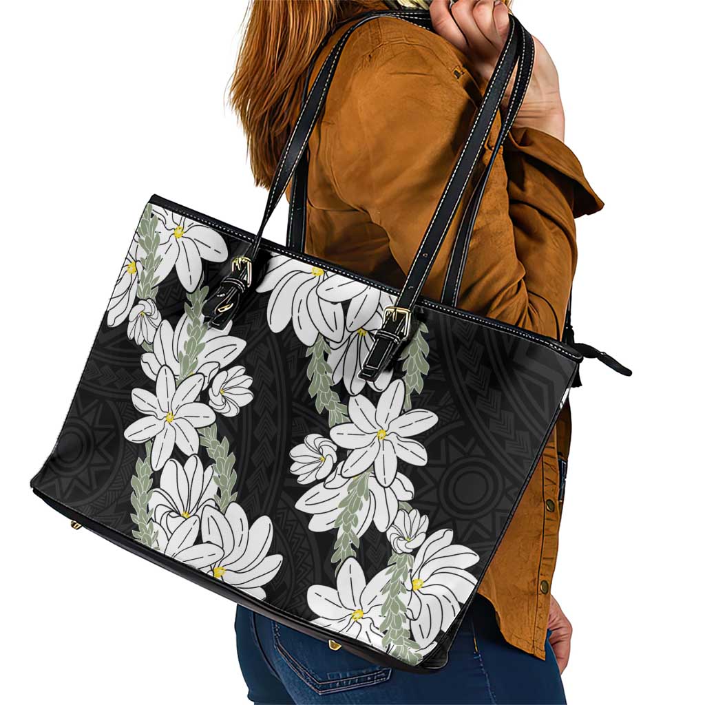 Ia Orana Tahiti Tiare Leather Tote Bag Black Lei - Polynesian Pride