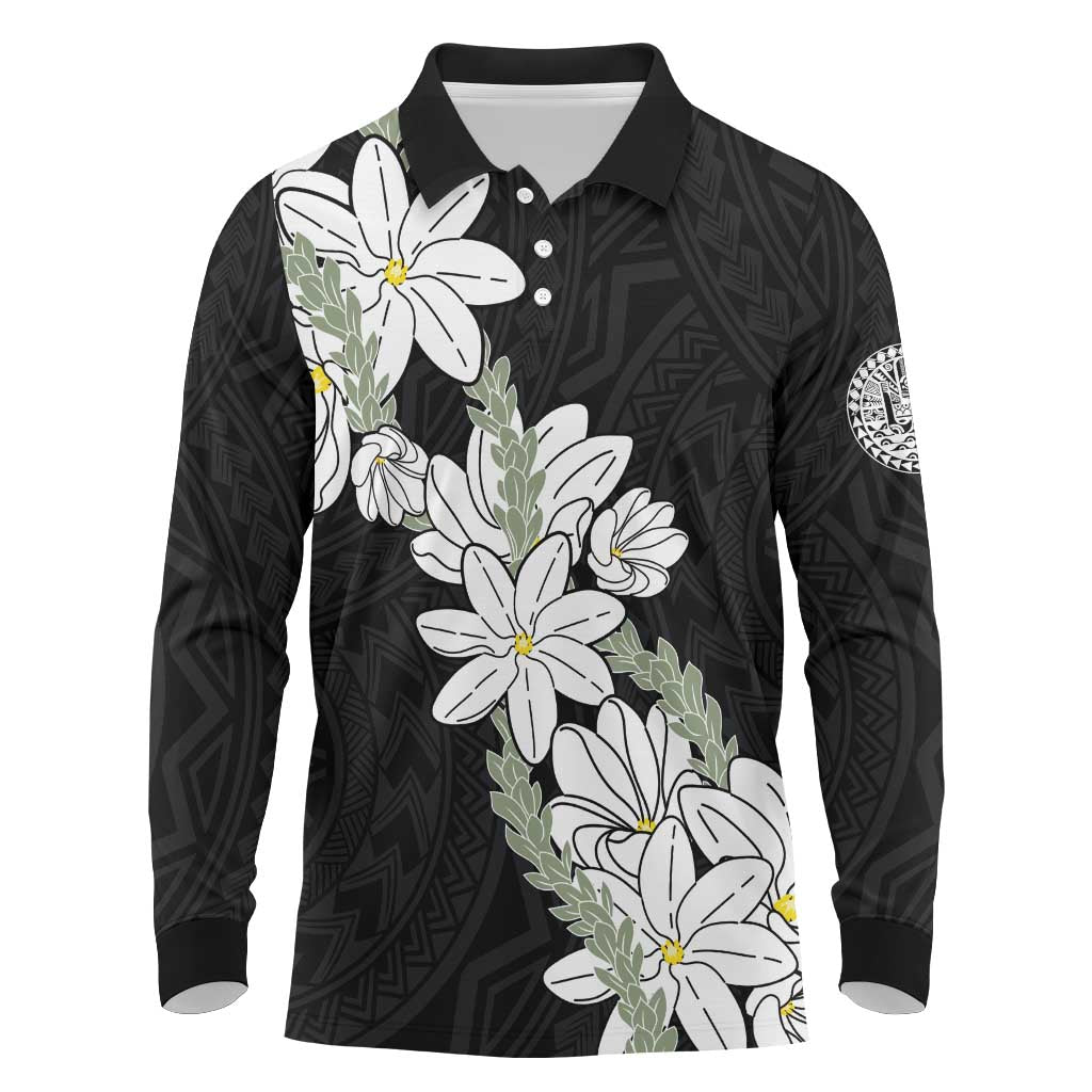 Ia Orana Tahiti Tiare Long Sleeve Polo Shirt Black Lei - Polynesian Pride
