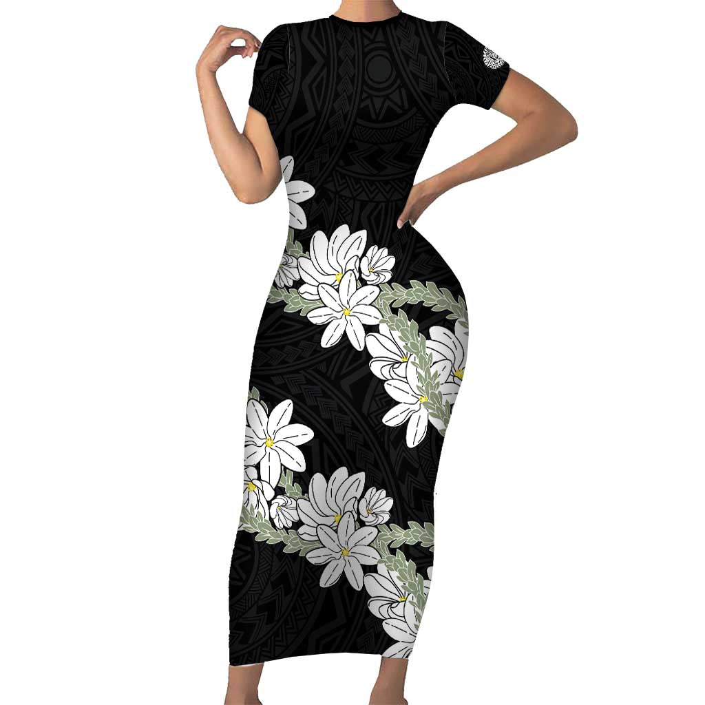 Ia Orana Tahiti Tiare Short Sleeve Bodycon Dress Black Lei - Polynesian Pride