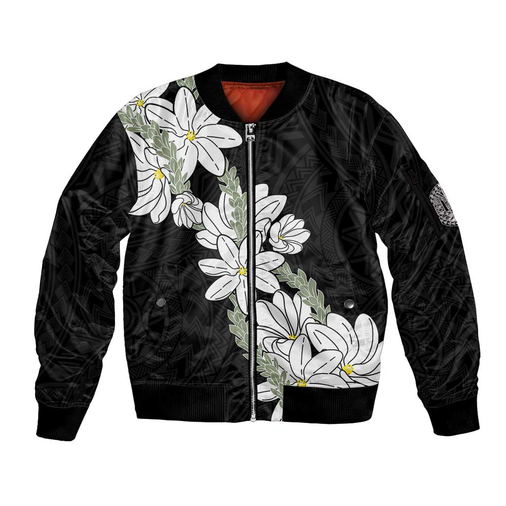 Ia Orana Tahiti Tiare Sleeve Zip Bomber Jacket Black Lei - Polynesian Pride