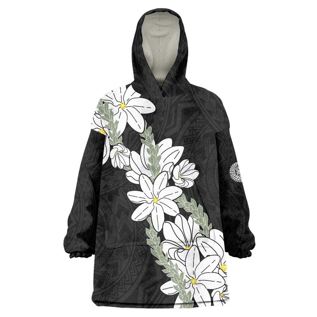Ia Orana Tahiti Tiare Wearable Blanket Hoodie Black Lei - Polynesian Pride