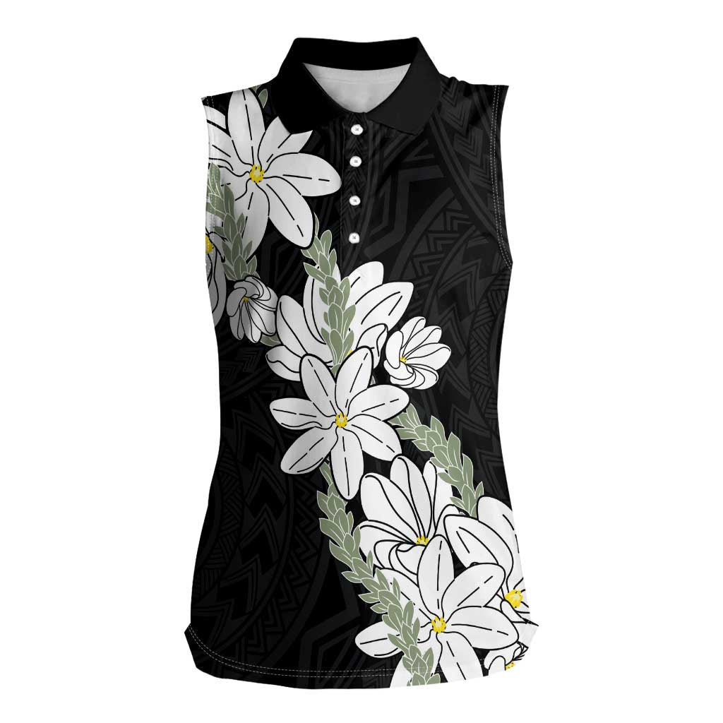 Ia Orana Tahiti Tiare Women Sleeveless Polo Shirt Black Lei - Polynesian Pride