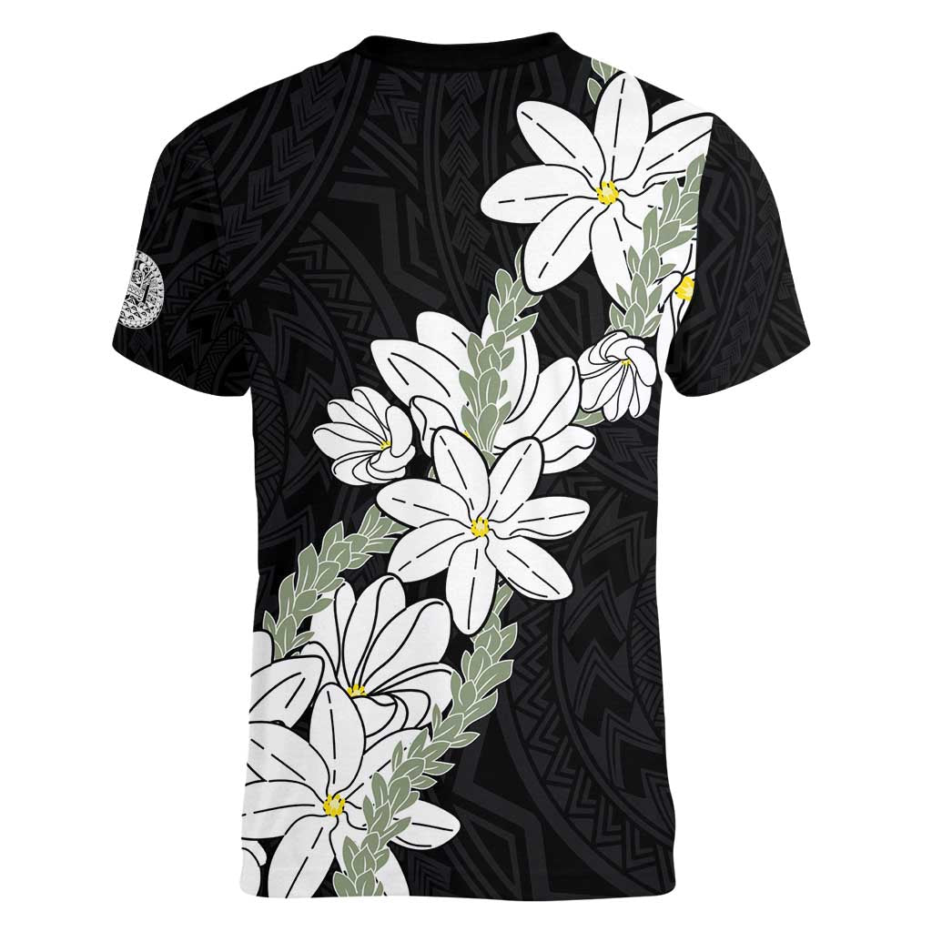 Ia Orana Tahiti Tiare Women V-Neck T-Shirt Black Lei - Polynesian Pride