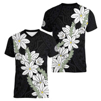 Ia Orana Tahiti Tiare Women V-Neck T-Shirt Black Lei - Polynesian Pride