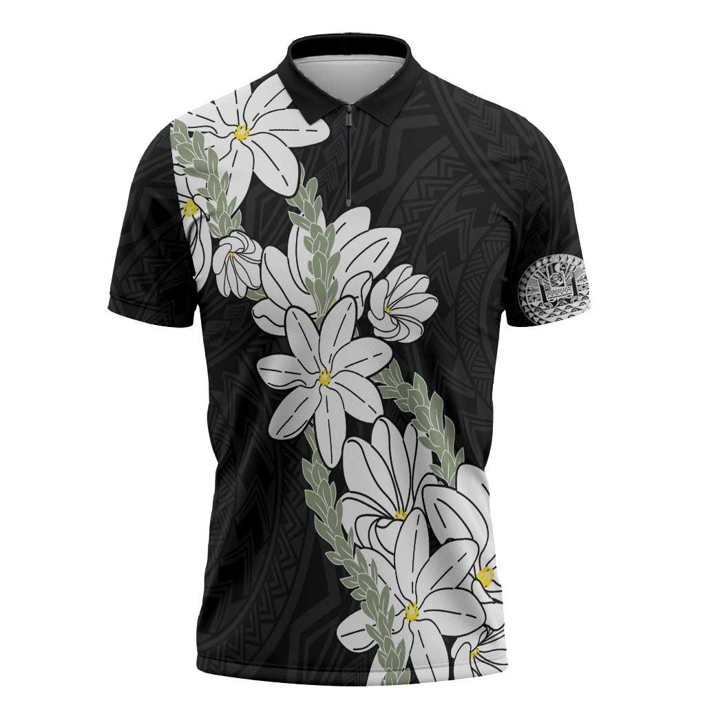 Ia Orana Tahiti Tiare Zipper Polo Shirt Black Lei - Polynesian Pride
