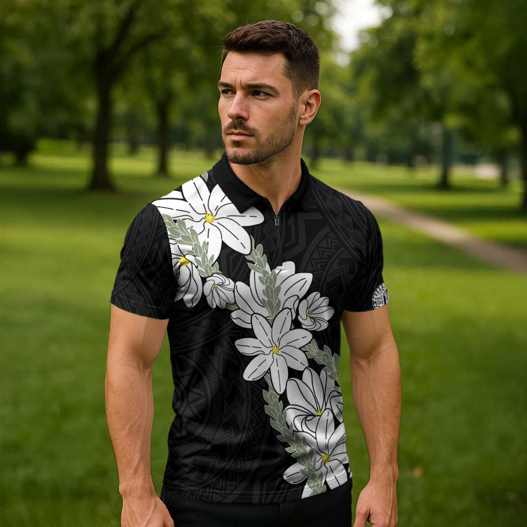 Ia Orana Tahiti Tiare Zipper Polo Shirt Black Lei - Polynesian Pride