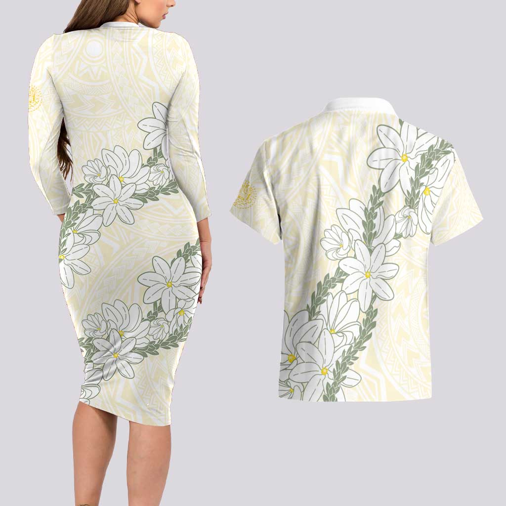 Ia Orana Tahiti Tiare Couples Matching Long Sleeve Bodycon Dress and Hawaiian Shirt Lemon Yellow Lei LT7 - Polynesian Pride