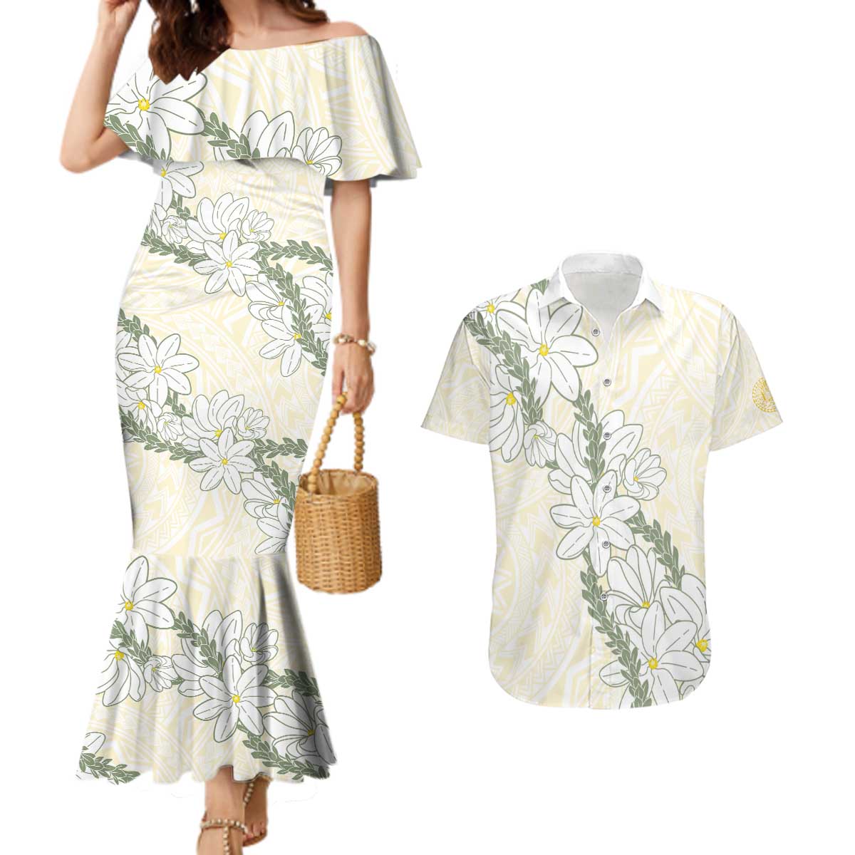Ia Orana Tahiti Tiare Couples Matching Mermaid Dress and Hawaiian Shirt Lemon Yellow Lei LT7 Lemon - Polynesian Pride