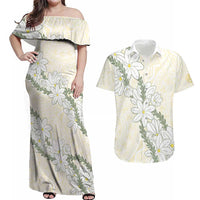 Ia Orana Tahiti Tiare Couples Matching Off Shoulder Maxi Dress and Hawaiian Shirt Lemon Yellow Lei LT7 Lemon - Polynesian Pride