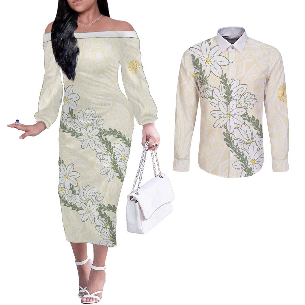 Ia Orana Tahiti Tiare Couples Matching Off The Shoulder Long Sleeve Dress and Long Sleeve Button Shirt Lemon Yellow Lei LT7 Lemon - Polynesian Pride