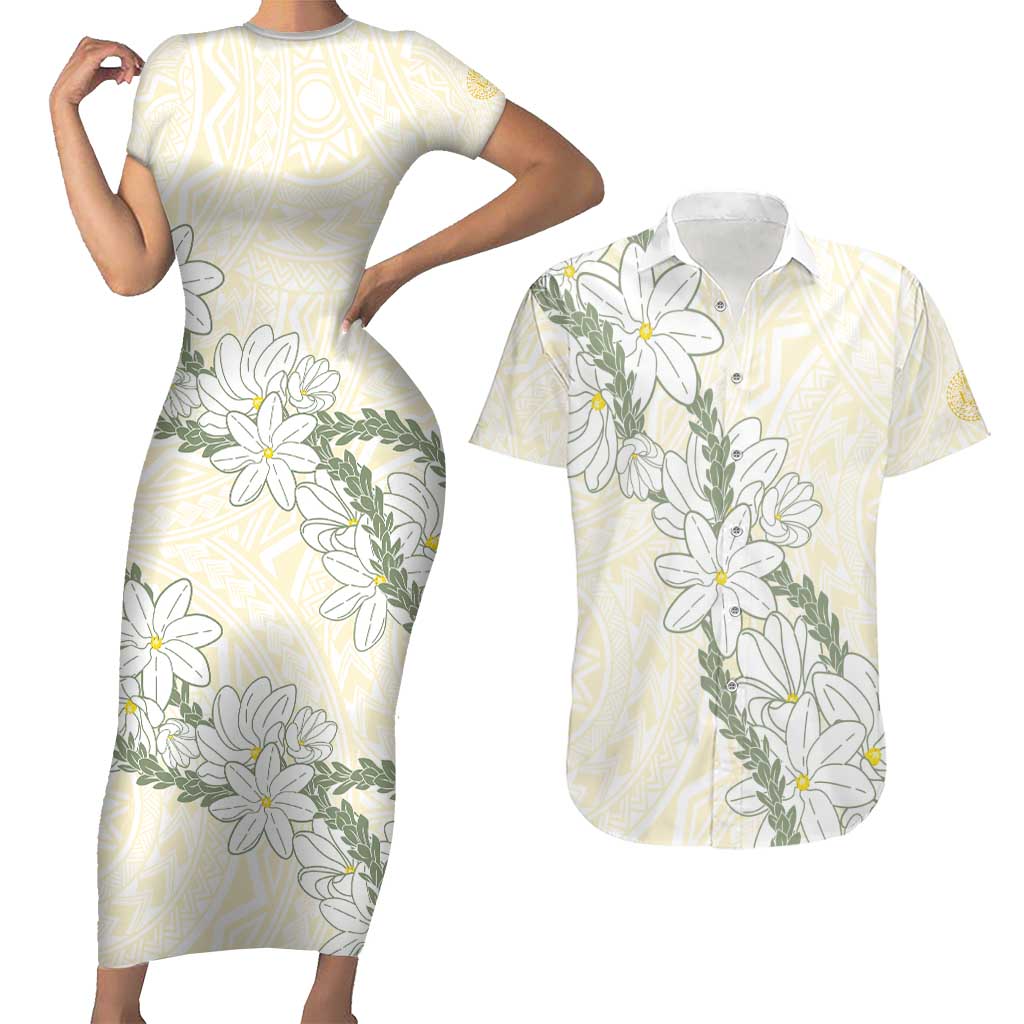 Ia Orana Tahiti Tiare Couples Matching Short Sleeve Bodycon Dress and Hawaiian Shirt Lemon Yellow Lei LT7 Lemon - Polynesian Pride