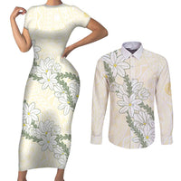 Ia Orana Tahiti Tiare Couples Matching Short Sleeve Bodycon Dress and Long Sleeve Button Shirt Lemon Yellow Lei LT7 Lemon - Polynesian Pride