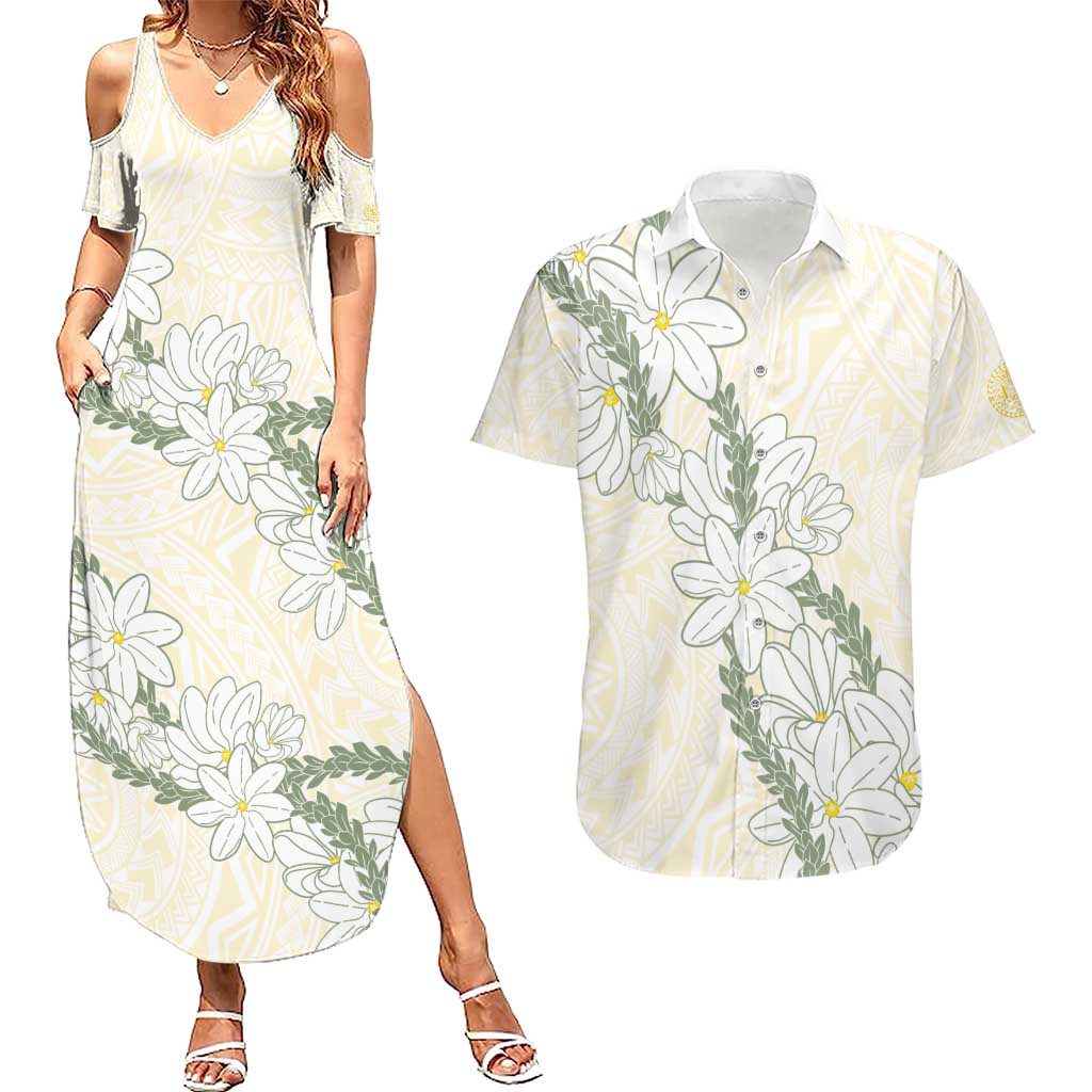 Ia Orana Tahiti Tiare Couples Matching Summer Maxi Dress and Hawaiian Shirt Lemon Yellow Lei LT7 Lemon - Polynesian Pride