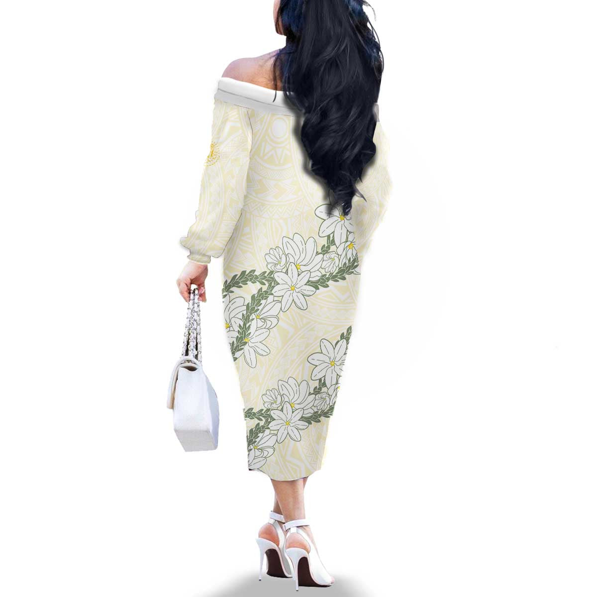Ia Orana Tahiti Tiare Family Matching Off The Shoulder Long Sleeve Dress and Hawaiian Shirt Lemon Yellow Lei - Polynesian Pride