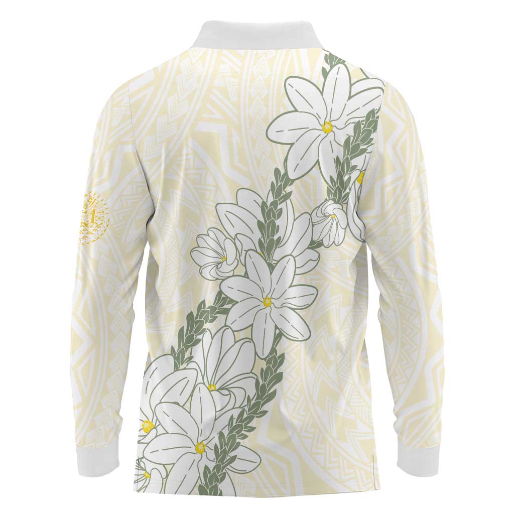 Ia Orana Tahiti Tiare Long Sleeve Polo Shirt Lemon Yellow Lei - Polynesian Pride