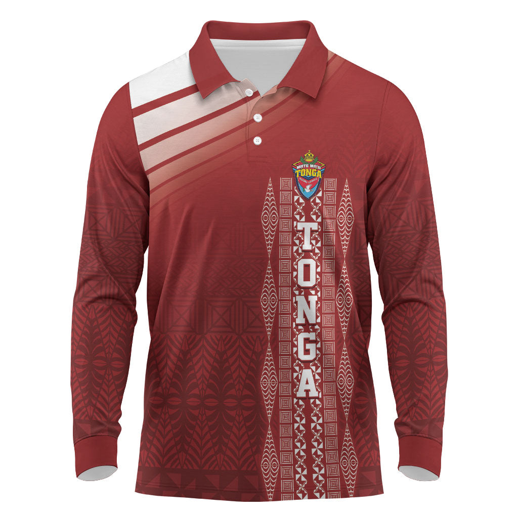 Mate Ma'a Tonga Custom Long Sleeve Polo Shirt Basic Ngatu Kupesi Motif LT7 Red - Polynesian Pride