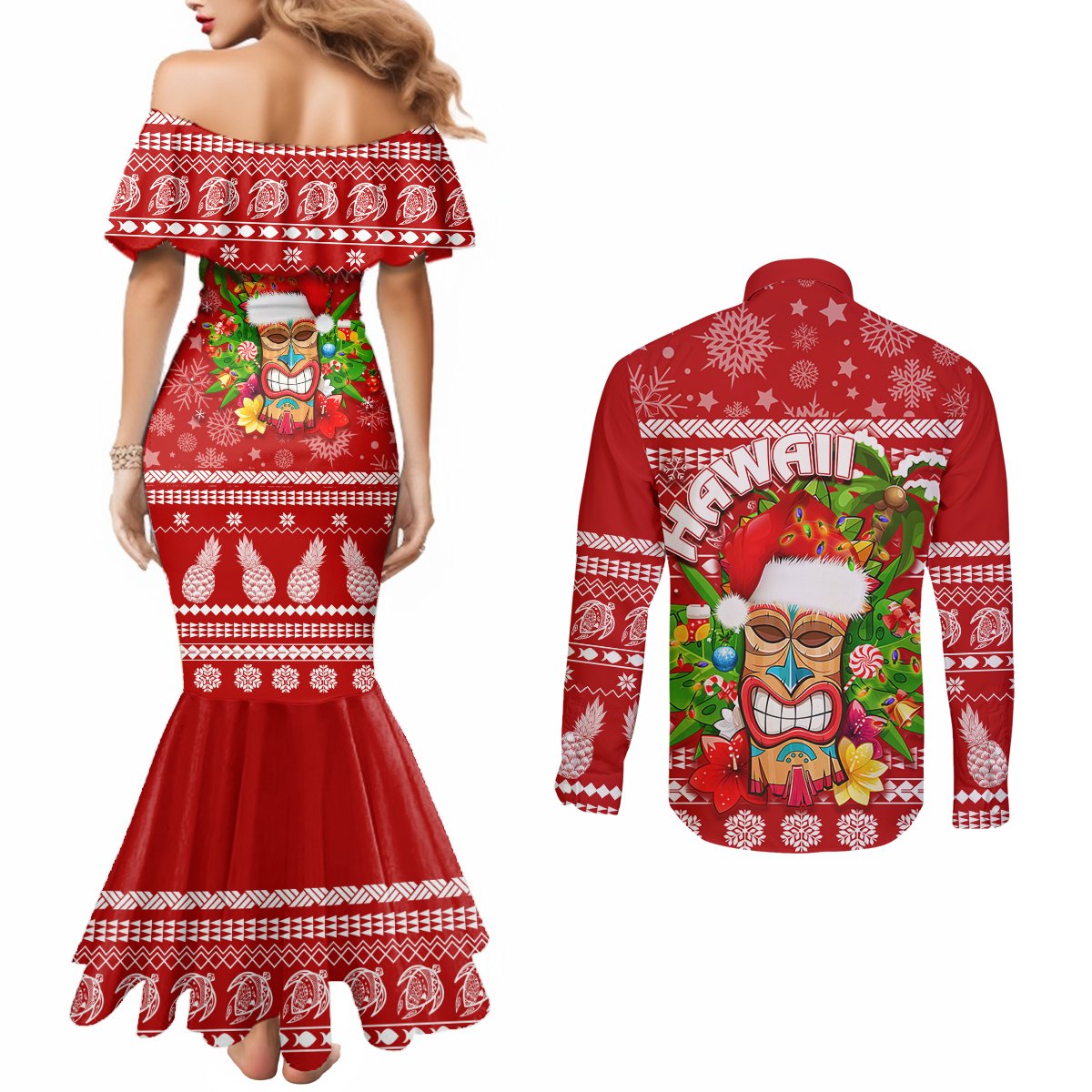 Hawaii Tiki Christmas Couples Matching Mermaid Dress and Long Sleeve Button Shirt Mele Kalikimaka LT7 - Polynesian Pride