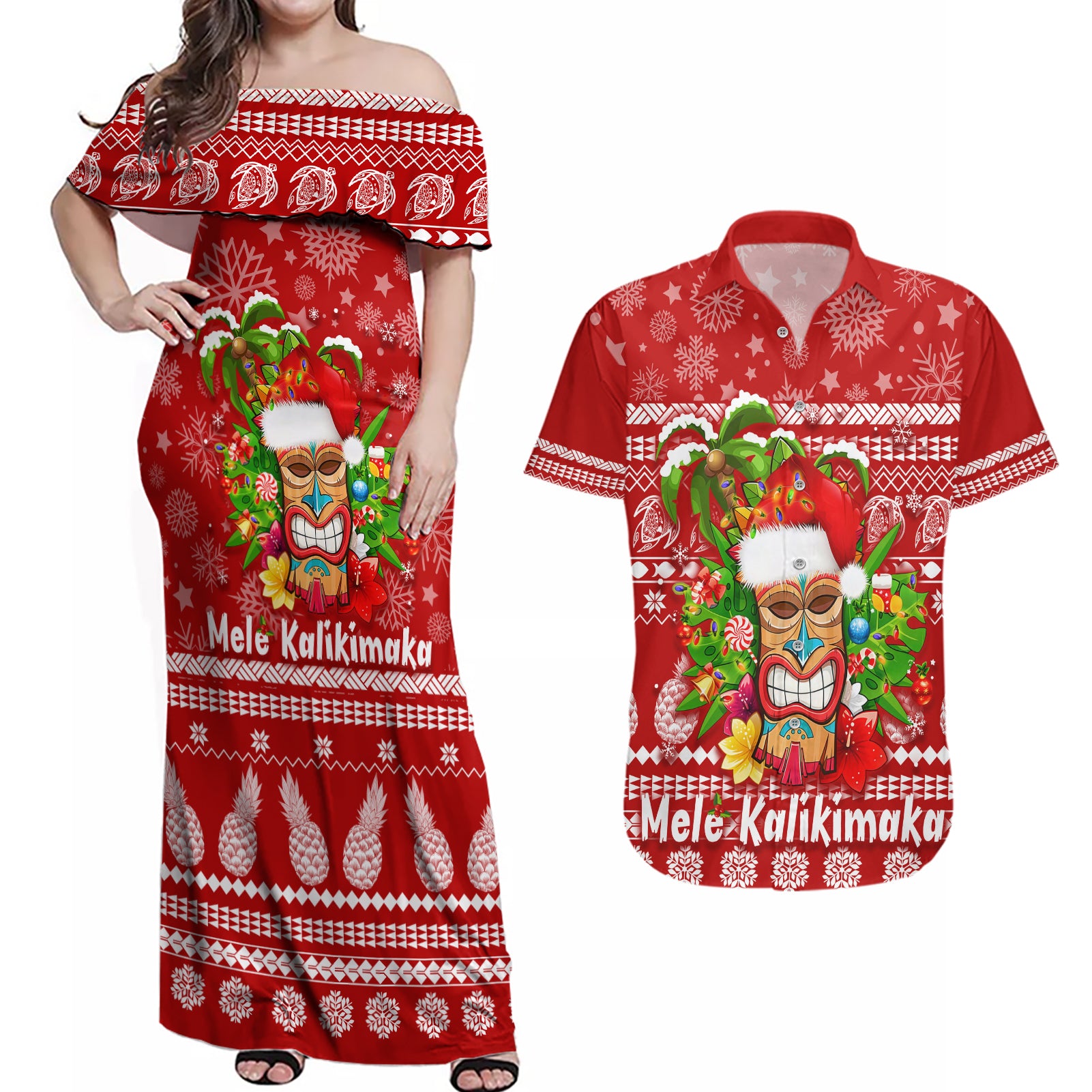 Hawaii Tiki Christmas Couples Matching Off Shoulder Maxi Dress and Hawaiian Shirt Mele Kalikimaka LT7 Red - Polynesian Pride