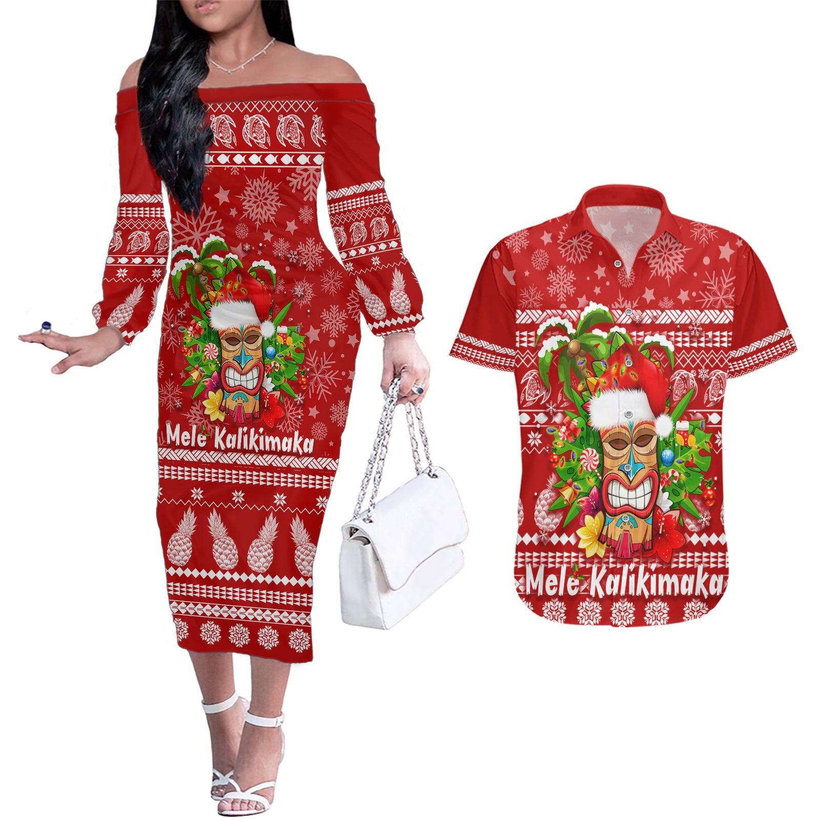 Hawaii Tiki Christmas Couples Matching Off The Shoulder Long Sleeve Dress and Hawaiian Shirt Mele Kalikimaka LT7 Red - Polynesian Pride