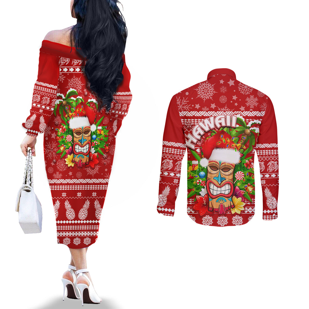 Hawaii Tiki Christmas Couples Matching Off The Shoulder Long Sleeve Dress and Long Sleeve Button Shirt Mele Kalikimaka LT7 - Polynesian Pride