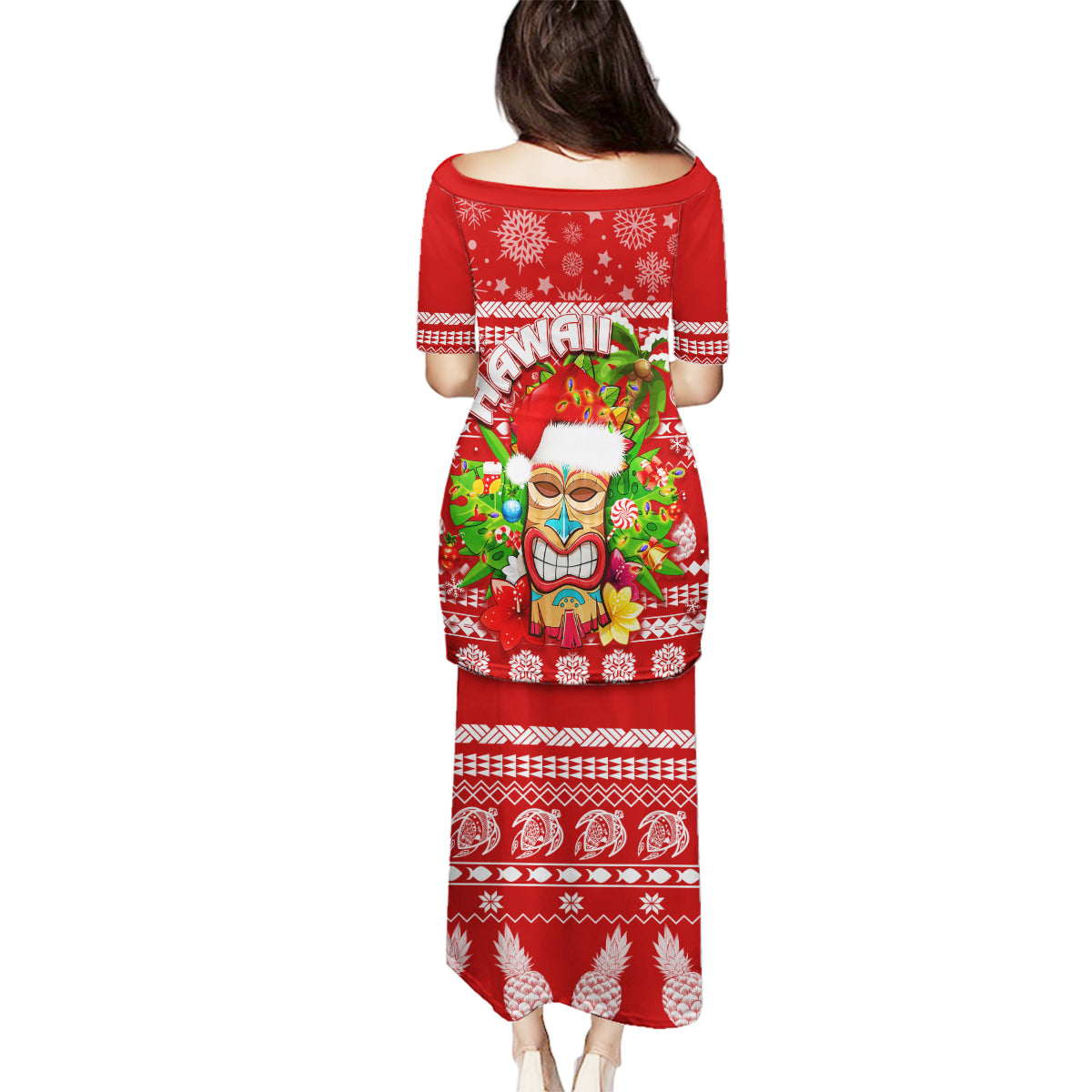 Hawaii Tiki Christmas Family Matching Puletasi Dress and Hawaiian Shirt Mele Kalikimaka LT7 - Polynesian Pride