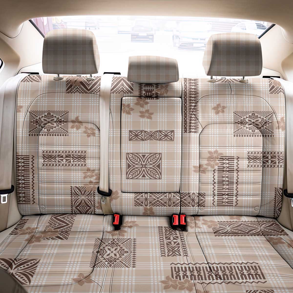 Hawaiian Quilt Tapa On Beige Palaka Motifs Back Car Seat Cover
