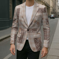 Hawaiian Quilt Tapa On Beige Palaka Motifs Blazer
