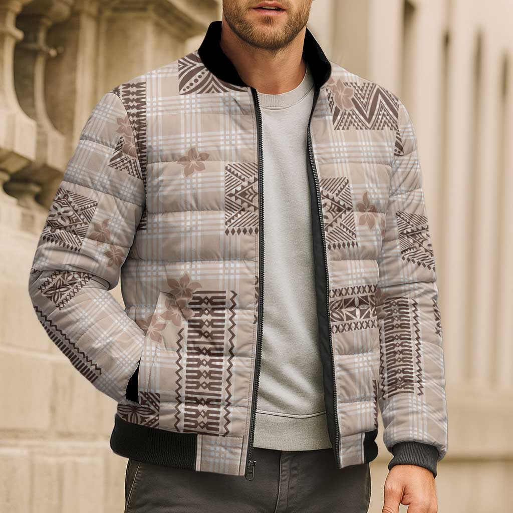 Hawaiian Quilt Tapa On Beige Palaka Motifs Bomber Puffer Jacket