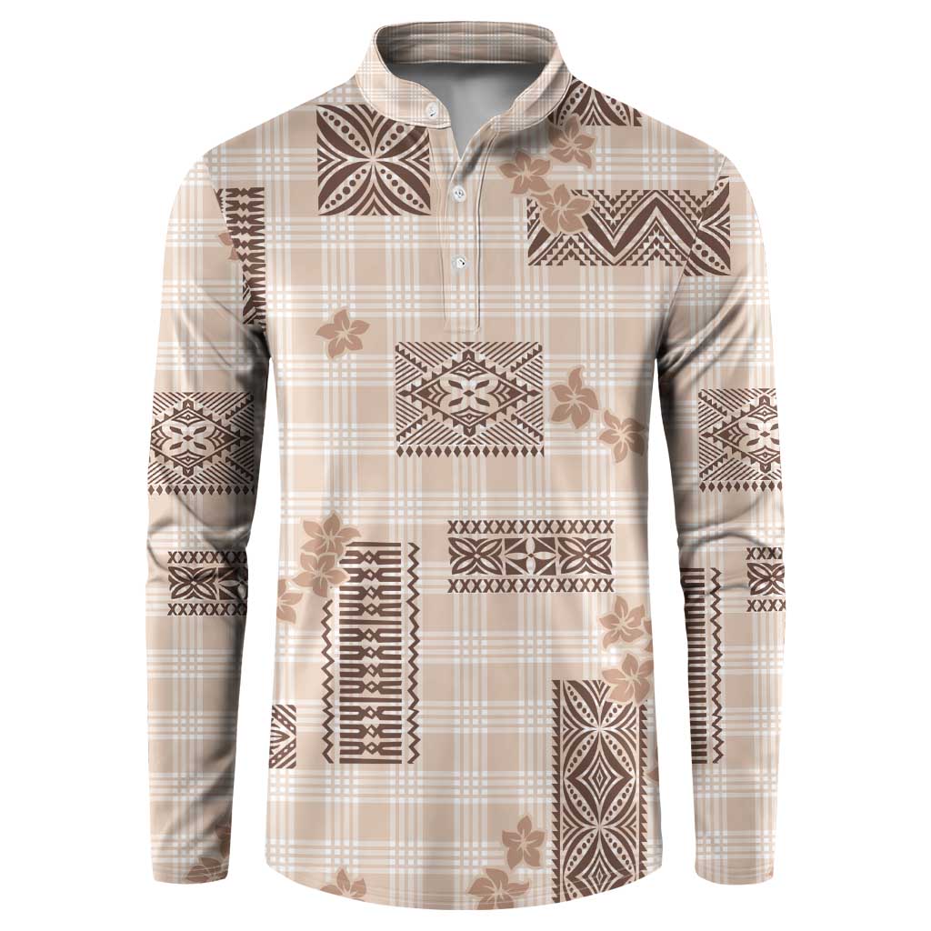 Hawaiian Quilt Tapa On Beige Palaka Motifs Button Sweatshirt