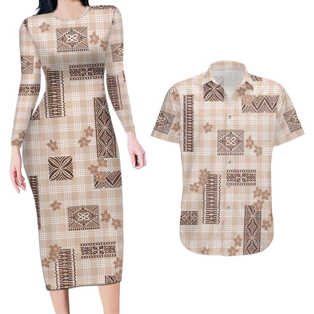Hawaiian Quilt Tapa On Beige Palaka Motifs Couples Matching Long Sleeve Bodycon Dress and Hawaiian Shirt
